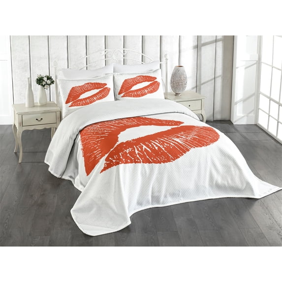 Ambesonne Kiss Quilted Bedspread Set 3 Pcs, Red Lips Kiss Mark Grunge, King Size, Vermilion White