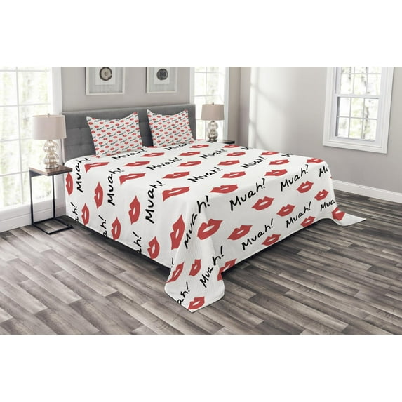 Ambesonne Kiss Quilted Bedspread Set 3 Pcs, Red Woman Lips Romance, Queen Size, Vermilion White