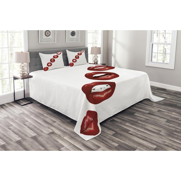 Ambesonne Kiss Quilted Bedspread Set 3 Pcs, Vivid Full Red Lips Feminine, Queen Size, Burgundy Vermilion