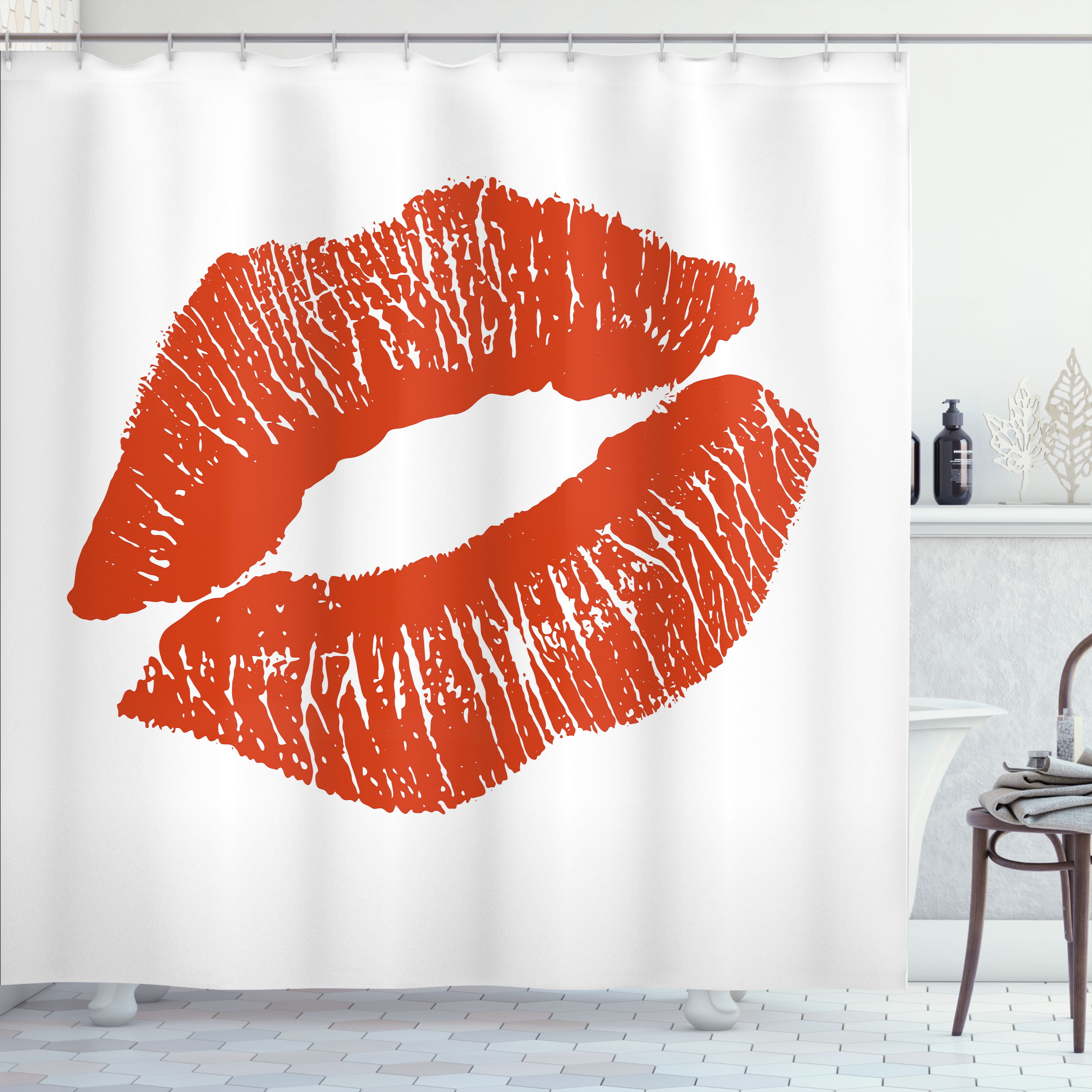 Ambesonne Kiss Shower Curtain, Red Lips Kiss Mark Grunge, 69"Wx84"L