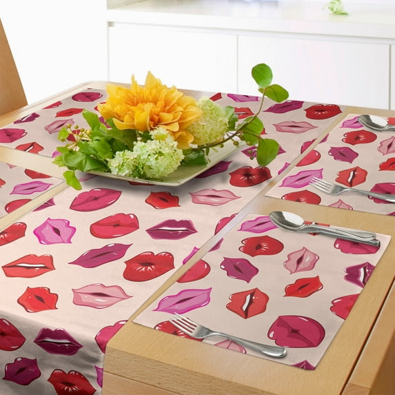 Ambesonne Kiss Table Runner & Placemats, Vivid Colored Lips Glamour, Placemat 4 pcs + Runner 16"x72", Pale Rose and Multicolor