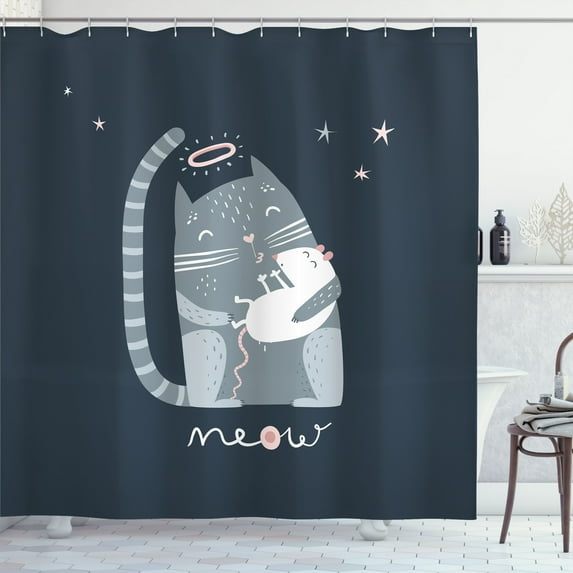 Ambesonne Kissing Shower Curtain, Kitty Caring Mouse Art, 69"Wx75"L, Dark Slate Blue Blue Grey
