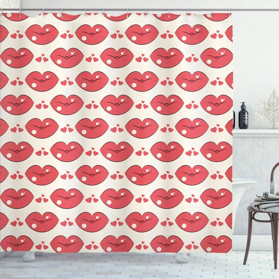 Ambesonne Kissing Shower Curtain, Lip and Heart Shape Motif, 69"Wx70"L, Dark Coral and Champagne