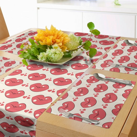 Ambesonne Kissing Table Runner & Placemats, Lip and Heart Shape Motif, Placemat 4 pcs + Runner 12"x90", Dark Coral and Champagne