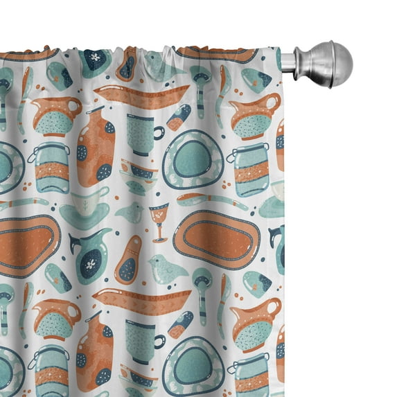 Ambesonne Kitchen Window Curtains, Birds Spoons Jars Vases Art, Each 28" W x 84" L, Burnt Orange Cadet Blue