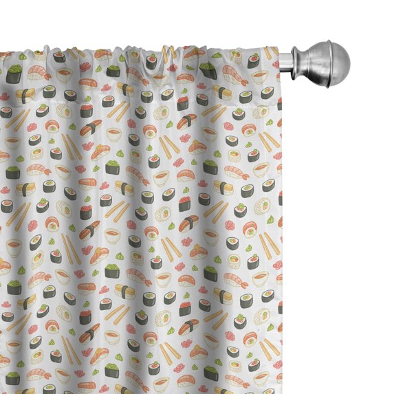 Ambesonne Kitchen Window Curtains, Japanese Dish Sushi Rolls, Each 28" W x 95" L, Salmon and Dark Blue Grey
