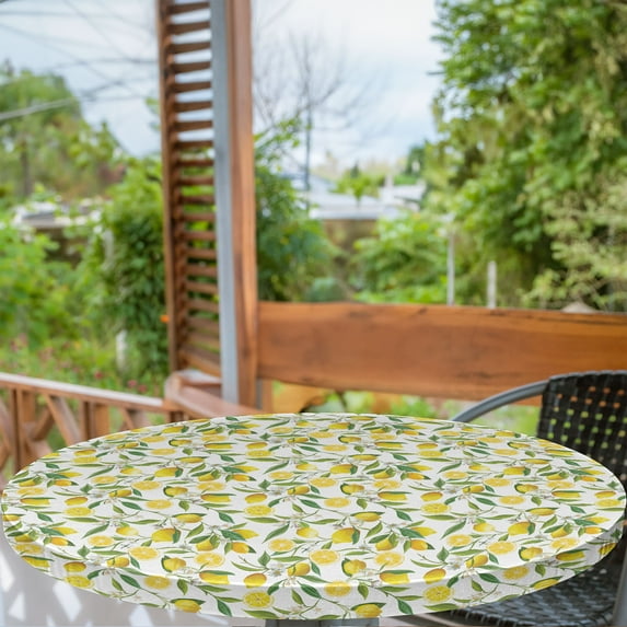 Ambesonne Kitchen Fitted Round Tablecloth, Exotic Delicious Garden, 36"- 40" Diameter, Fern Green Yellow White