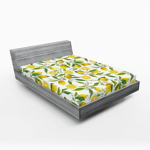 Ambesonne Kitchen Fitted Sheet, Exotic Delicious Garden, Full Size, Fern Green Yellow White