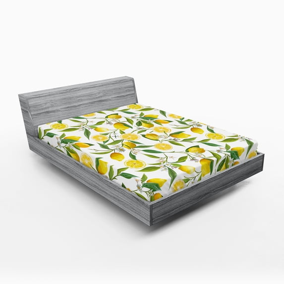 Ambesonne Kitchen Fitted Sheet, Exotic Delicious Garden, Queen Size, Fern Green Yellow White