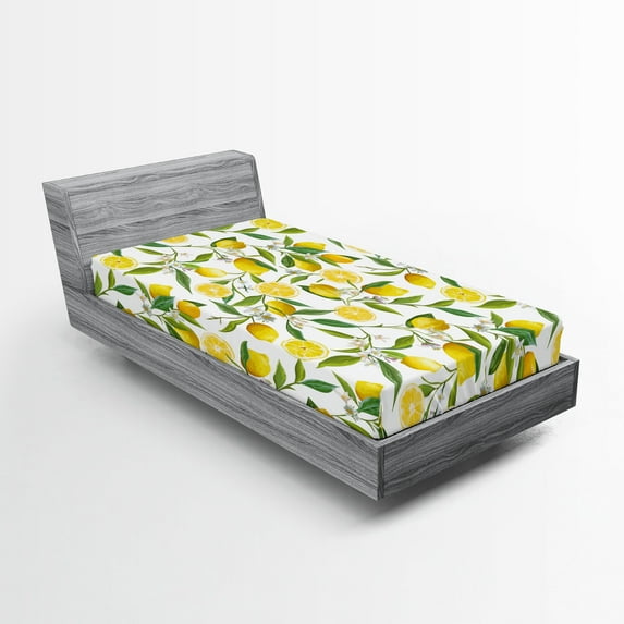 Ambesonne Kitchen Fitted Sheet, Exotic Delicious Garden, Twin Size, Fern Green Yellow White