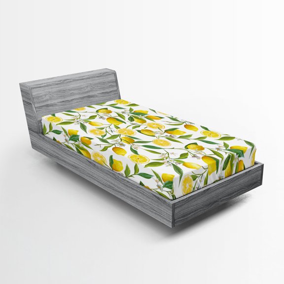 Ambesonne Kitchen Fitted Sheet, Exotic Delicious Garden, Twin XL Size, Fern Green Yellow White