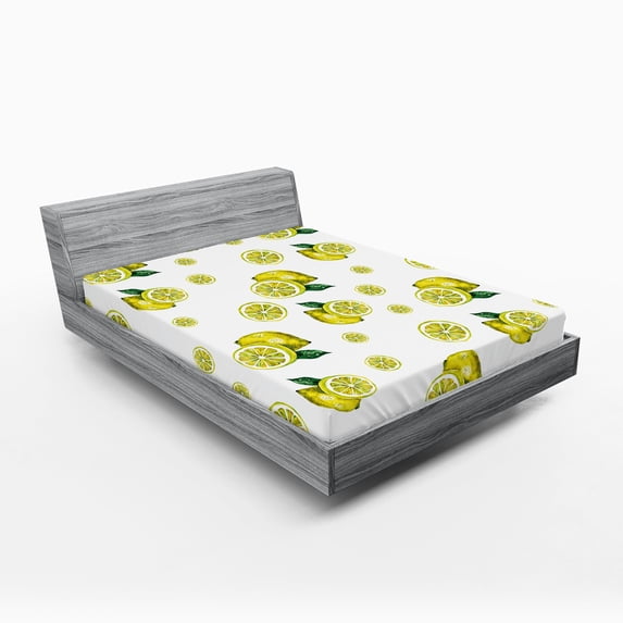 Ambesonne Kitchen Fitted Sheet, Lemon Slices Leaves, Full Size, Yellow Hunter Green