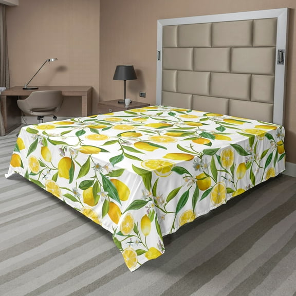Ambesonne Kitchen Flat Sheet, Exotic Delicious Garden, California King, Fern Green Yellow White