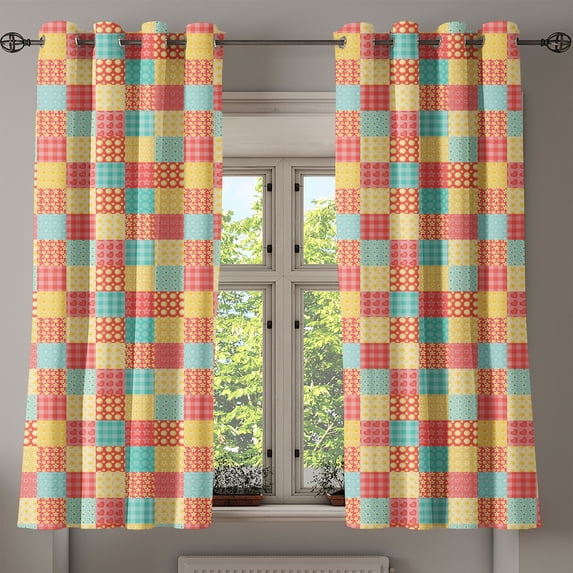 Ambesonne Kitchen Grommet Curtain, Flowers Dots Stripes, 50" x 63", Coral Yellow Mint Green
