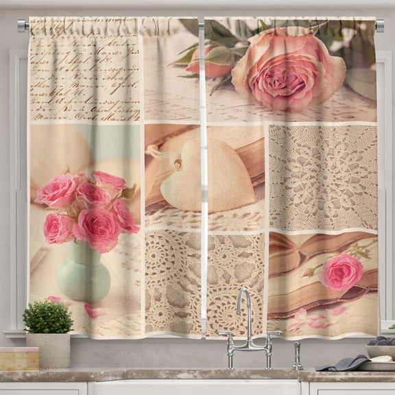 Ambesonne Kitchen Kitchen Curtains, Old Roses Lace Flowers, 55"x45", Forest Green Pale Pink