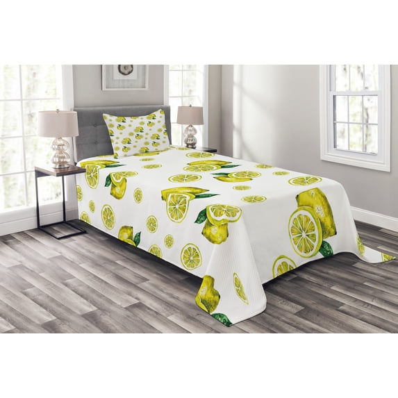 Ambesonne Kitchen Quilted Bedspread Set 2 Pcs, Lemon Slices Leaves, Twin Size, Yellow Hunter Green