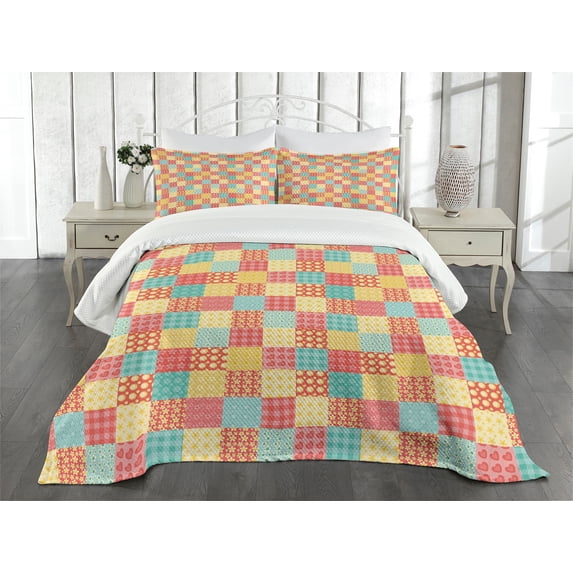 Ambesonne Kitchen Quilted Bedspread Set 3 Pcs, Flowers Dots Stripes, Queen Size, Coral Yellow Mint Green