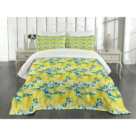 Ambesonne Kitchen Quilted Bedspread Set 3 Pcs, Watercolor Murky, Queen Size, Forest Green Yellow