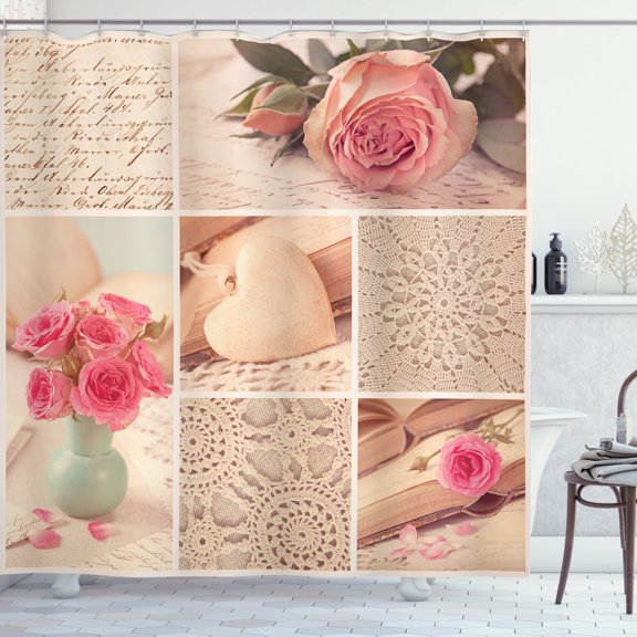 Ambesonne Kitchen Shower Curtain, Old Roses Lace Flowers, 69"Wx75"L, Forest Green Pale Pink