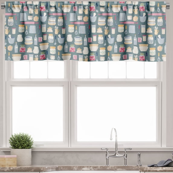 Ambesonne Kitchen Valance Pack of 2, Cooking Utensils Dishes Art, 42"X18", Multicolor