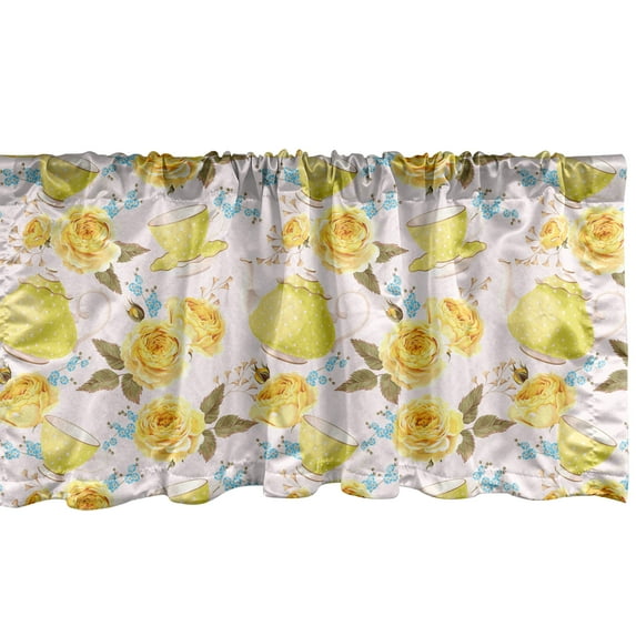 Ambesonne Kitchen Window Valance, Tea Time Cups Flowers, 54" X 18", Turquoise Yellow