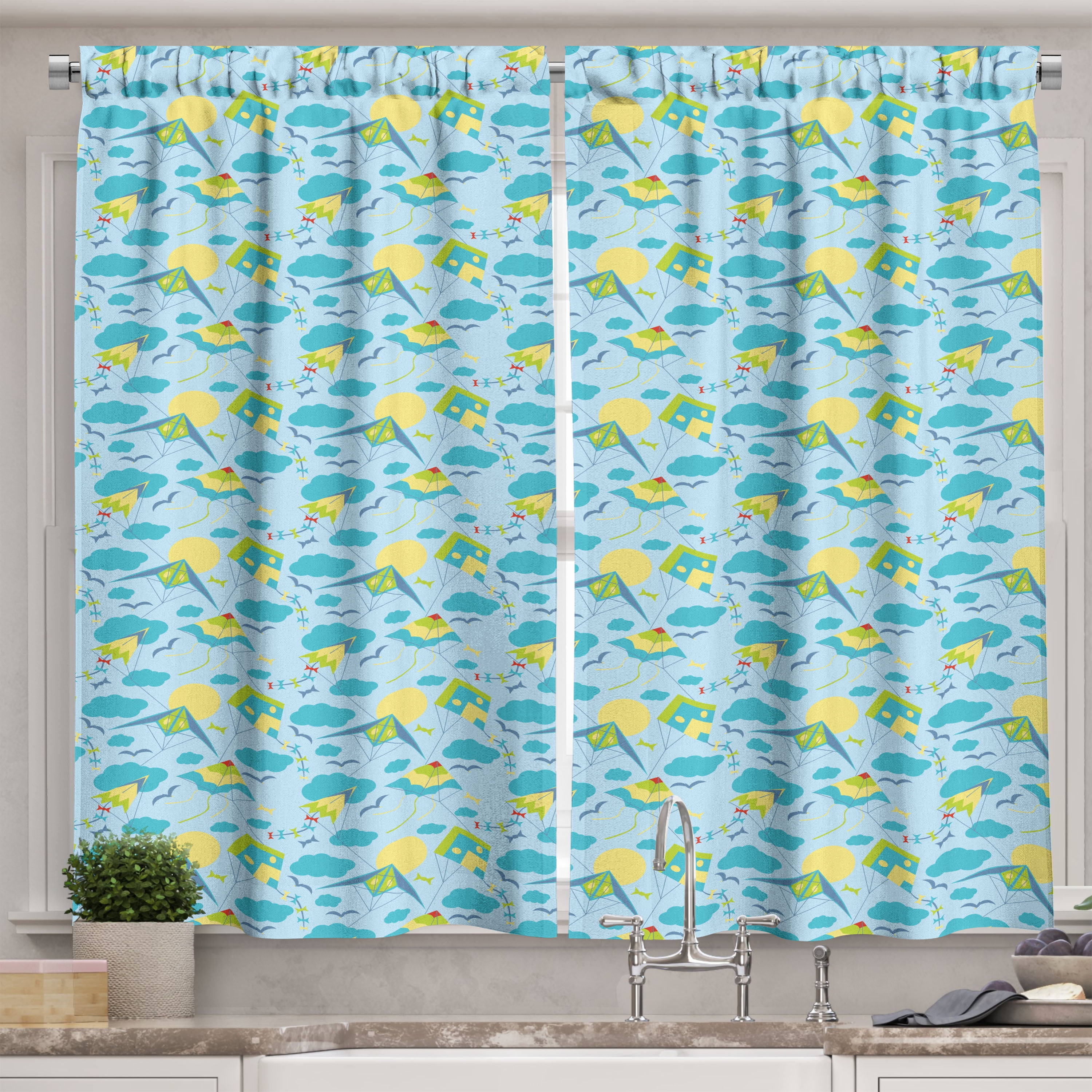 Ambesonne Kites Kitchen Curtains, Summer Season Activity Theme, 55"x39