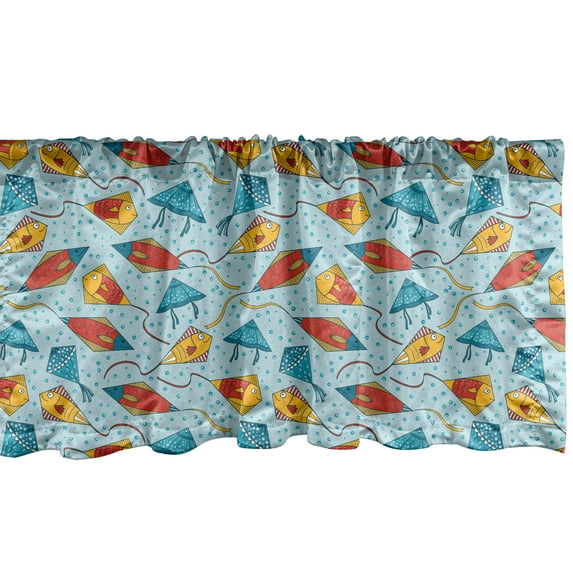 Ambesonne Kites Window Valance, Fish Kites with Scales and Stripes on Blue Toned Bubbles Background Design, Curtain Valance for Kitchen Bedroom Decor with Rod Pocket, 54" X 12", Multicolor