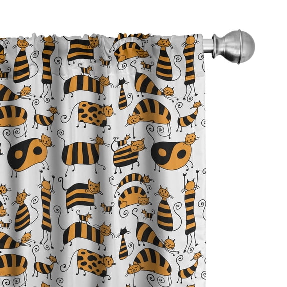 Ambesonne Kitten Window Curtains, Striped Cats Family, Each 28" W x 84" L, Orange Charcoal Grey