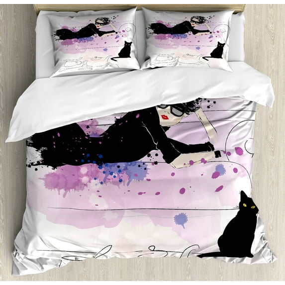 Ambesonne Kitten Duvet Cover Set, Girl and Cat, Calking, Black Lilac Lavender