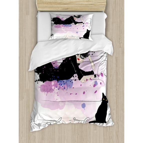 Ambesonne Kitten Duvet Cover Set, Girl and Cat, Twin, Black Lilac Lavender