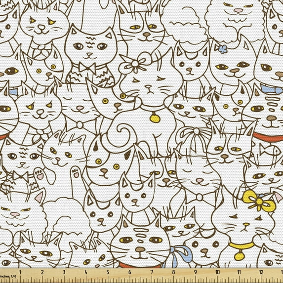 Ambesonne Kitten Fabric by the Yard Upholstery, Funny Cat Family Doodle, 1 Yard, Multicolor