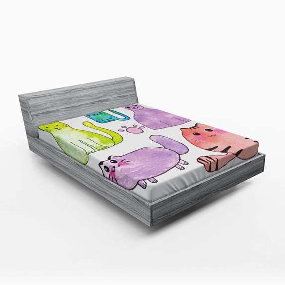 Ambesonne Kitten Fitted Sheet, Cats in Watercolor Style, Queen Size, Multicolor