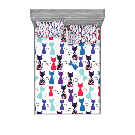 Ambesonne Kitten Fitted Sheet & Pillow Sham Set, Cats Flowers Colors, Full, Multicolor