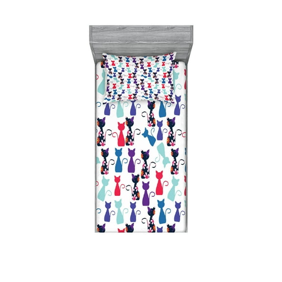 Ambesonne Kitten Fitted Sheet & Pillow Sham Set, Cats Flowers Colors, Twin, Multicolor