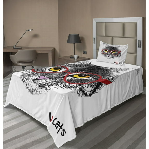 Ambesonne Kitten Fitted & Top Sheet Set with Sham, Nerd Cat with Glasses, Black White Red