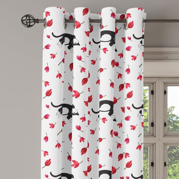 Ambesonne Kitten Grommet Curtain Single Panel, Cat Sleeping Tulips, 50"x60", Black White Pink