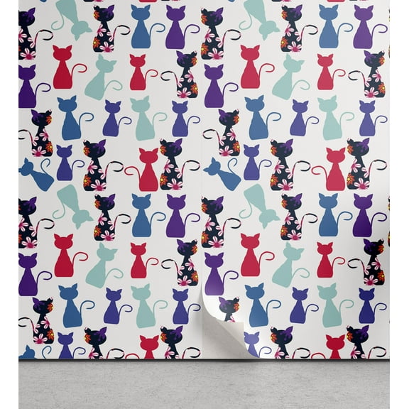 Ambesonne Kitten Peel & Stick Wallpaper for Home, Cats Flowers Colors, 13"x36", Multicolor