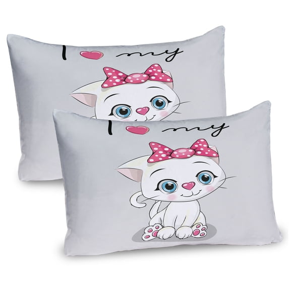 Ambesonne Kitten Pillow Sham 2 Pack, Cartoon Cat Pet, 26"x20", Grey White Pink