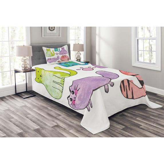 Ambesonne Kitten Quilted Bedspread Set 2 Pcs, Cats in Watercolor Style, Twin Size, Multicolor