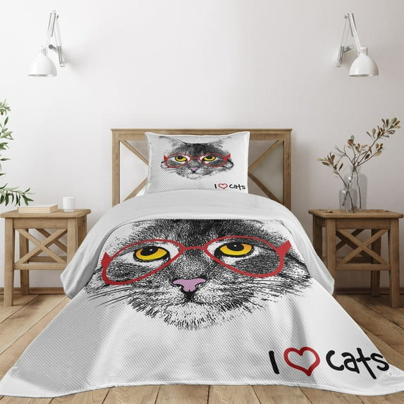 Ambesonne Kitten Quilted Coverlet 2 Pcs, Nerd Cat with Glasses, Twin Size, Black White Red