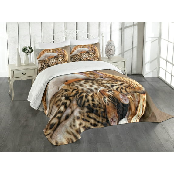 Ambesonne Kitten Quilted Bedspread Set 3 Pcs, Bengal Cats in Basket, King Size, Brown Pale Brown Beige