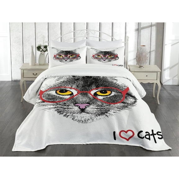 Ambesonne Kitten Quilted Bedspread Set 3 Pcs, Nerd Cat with Glasses, King Size, Black White Red