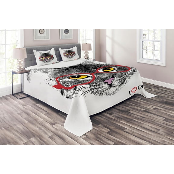 Ambesonne Kitten Quilted Coverlet 3 Pcs, Nerd Cat with Glasses, King Size, Black White Red