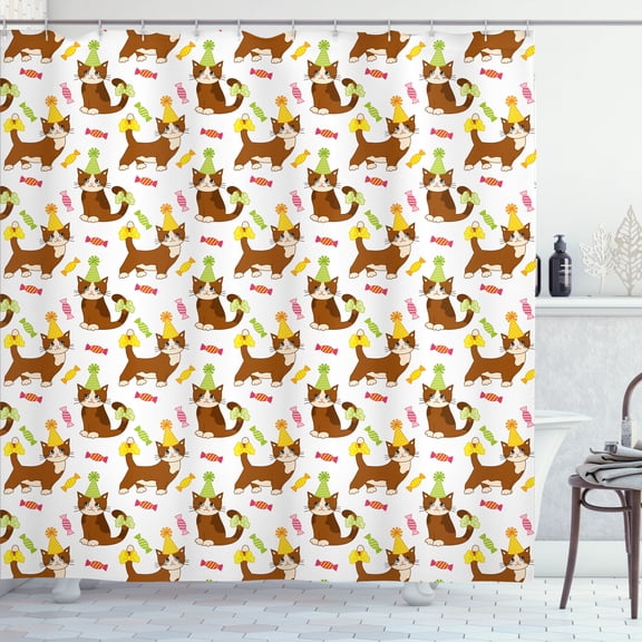 Ambesonne Kitten Shower Curtain, Cat in a Party Hat and Candy, 69"Wx70"L, White and Multicolor