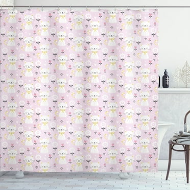 Ambesonne Kitten Shower Curtain, Cats with Ribbon and Flowers, 69"Wx70"L, Mauve Pale Pink