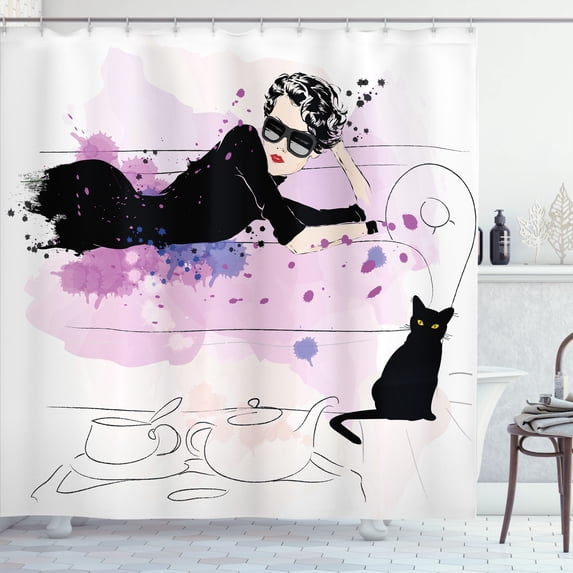Ambesonne Kitten Shower Curtain, Girl and Cat, 69"Wx84"L, Black Lilac Lavender