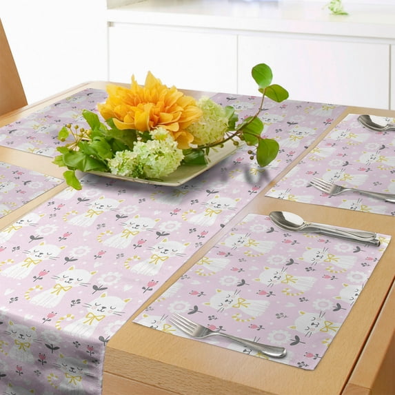 Ambesonne Kitten Table Runner & Placemats, Cats with Ribbon and Flowers, Placemat 4 pcs + Runner 16"x72", Mauve Pale Pink