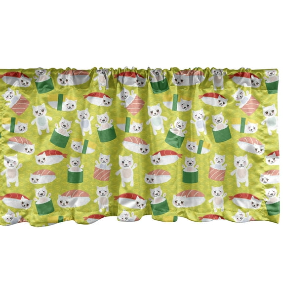 Ambesonne Kitten Valance Pack of 2, Tasty Sushi Cat, 42"X12", Yellow Green Multicolor