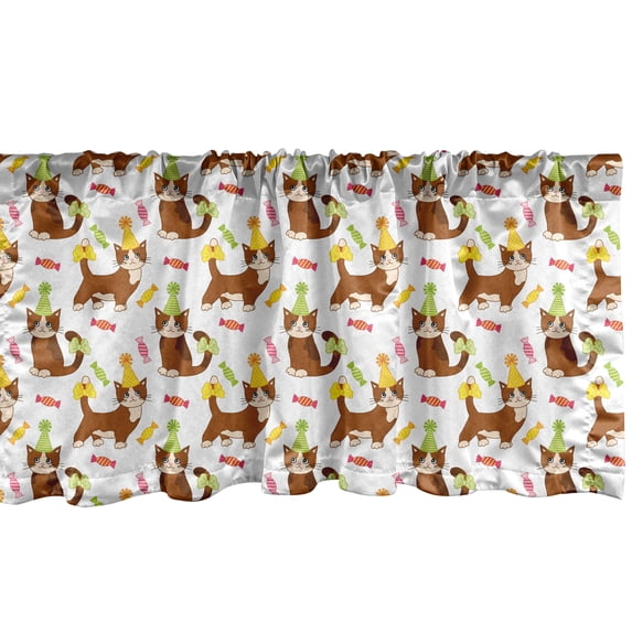 Ambesonne Kitten Window Valance, Cat in a Party Hat and Candy, 54" X 18", White and Multicolor