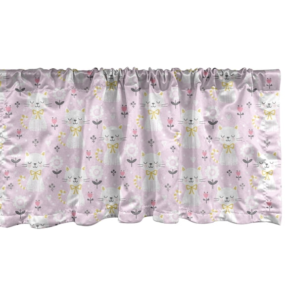 Ambesonne Kitten Window Valance, Cats with Ribbon and Flowers, 54" X 12", Mauve Pale Pink